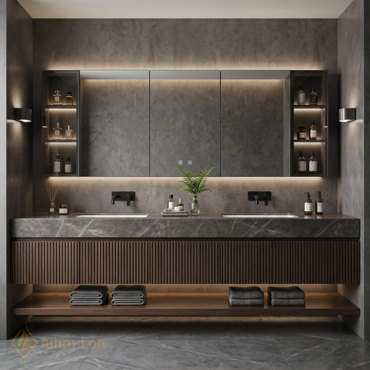60''-96'' Double Bathroom Vanity with Sink Floating Gray Vein Stone Fluted Panel