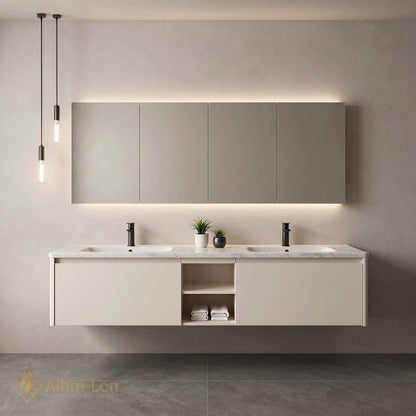 60''-96'' Floating Bathroom Vanity with Sink Dual Basin Center Shelving Soft Matte Finish