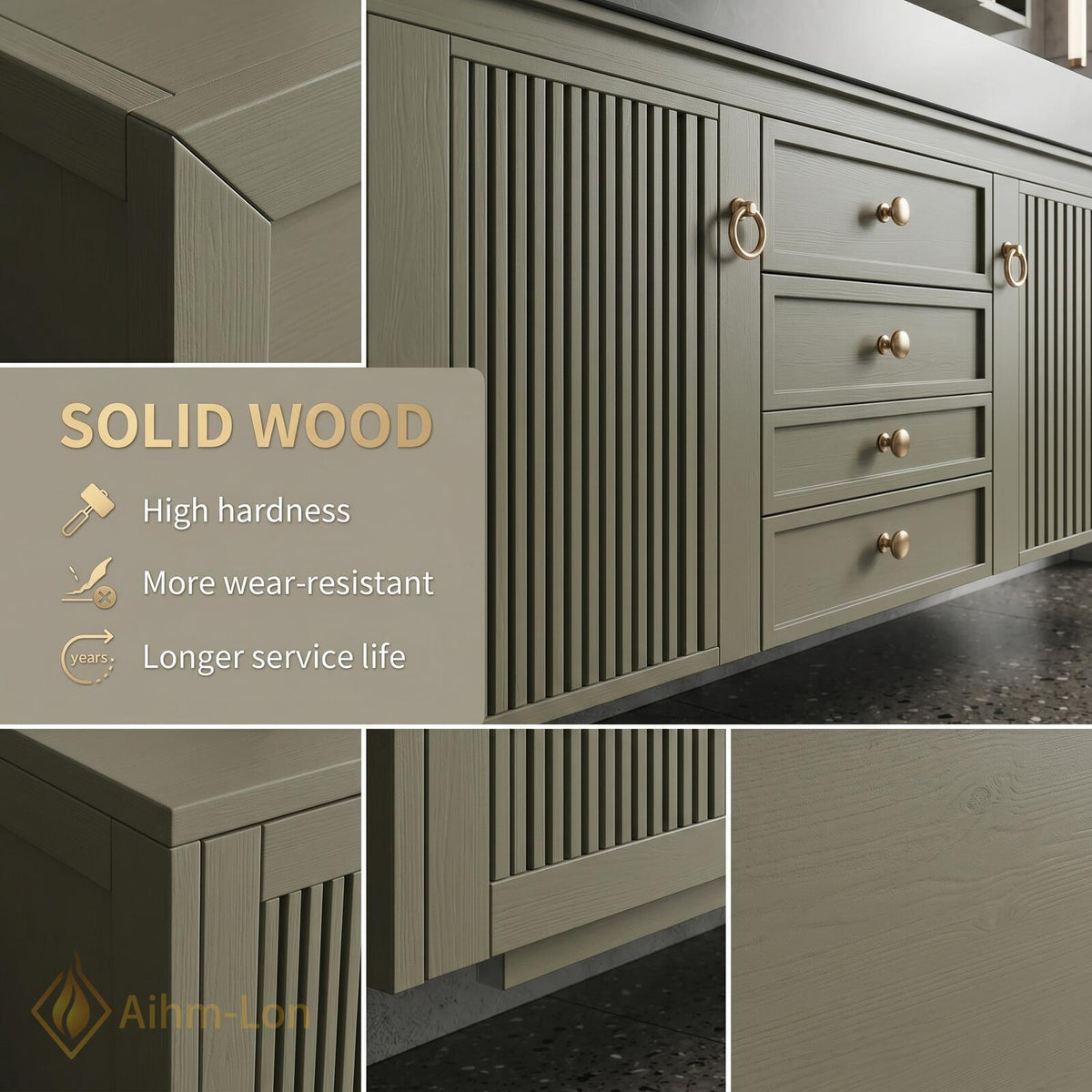 60''-96'' Double Bathroom Vanity with Sink Fluted Panel Doors Olive Green Finish