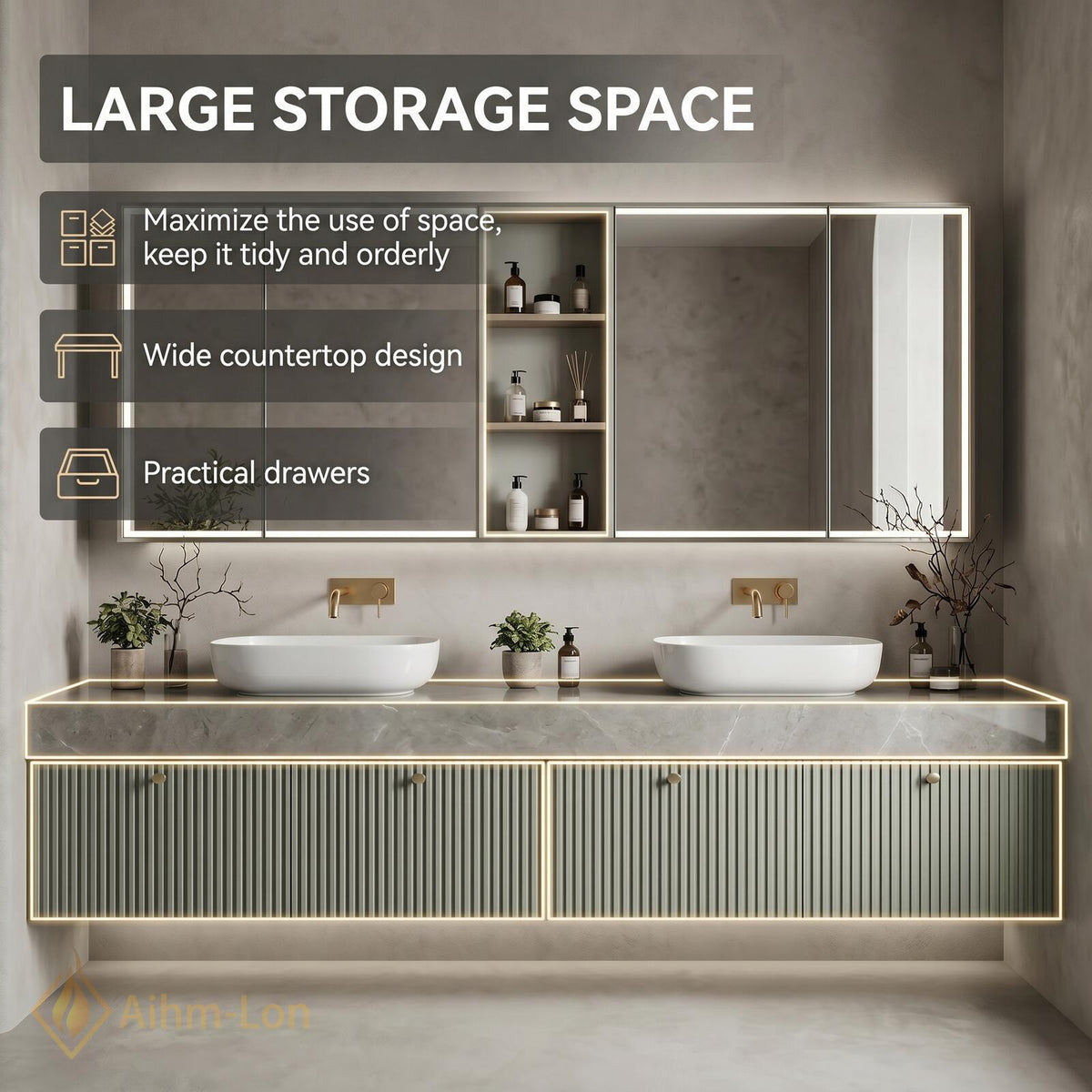 60''-96'' Double Bathroom Vanity with Sink Floating Ribbed Doors Sage Green Finish