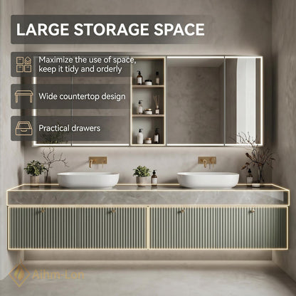 60''-96'' Double Bathroom Vanity with Sink Floating Ribbed Doors Sage Green Finish