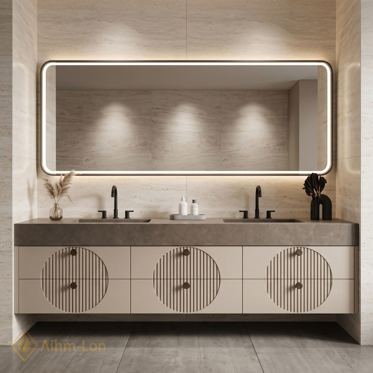 76''-96'' Double Bathroom Vanity with Sink Modern Stone-Top Three Grooved Panels LED