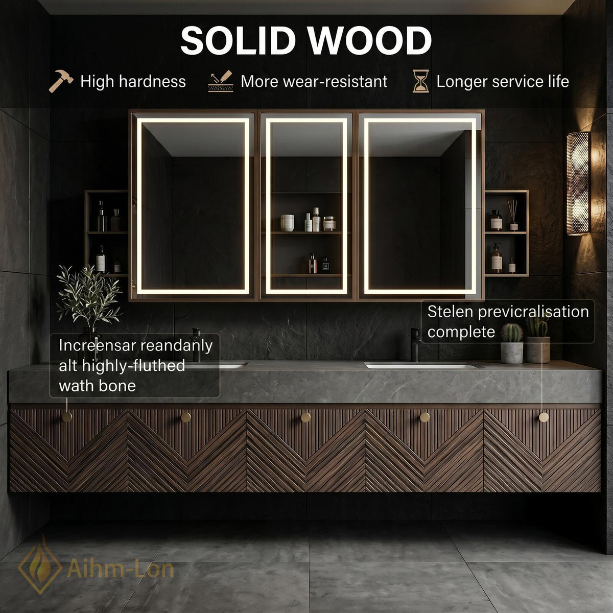 60''-96'' Double Bathroom Vanity with Sink Modern Floating Dark Walnut Finish Chevron