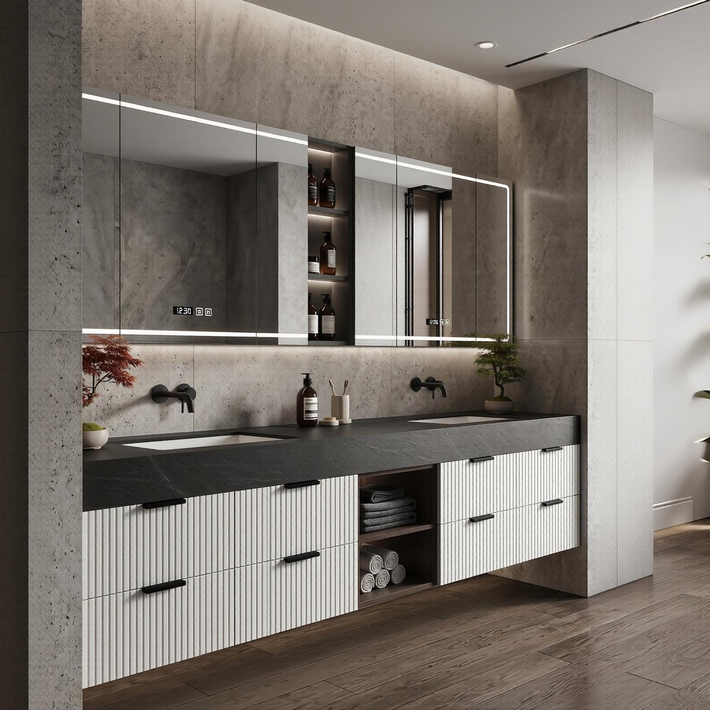 70''-96'' Modern Bathroom Vanity with Sink Floating Dark Stone Ribbed Panel Fronts Cabinet