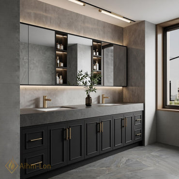 72''-96'' Double Bathroom Vanity with Sink Dark Charcoal Modern Panel Doors Mirror