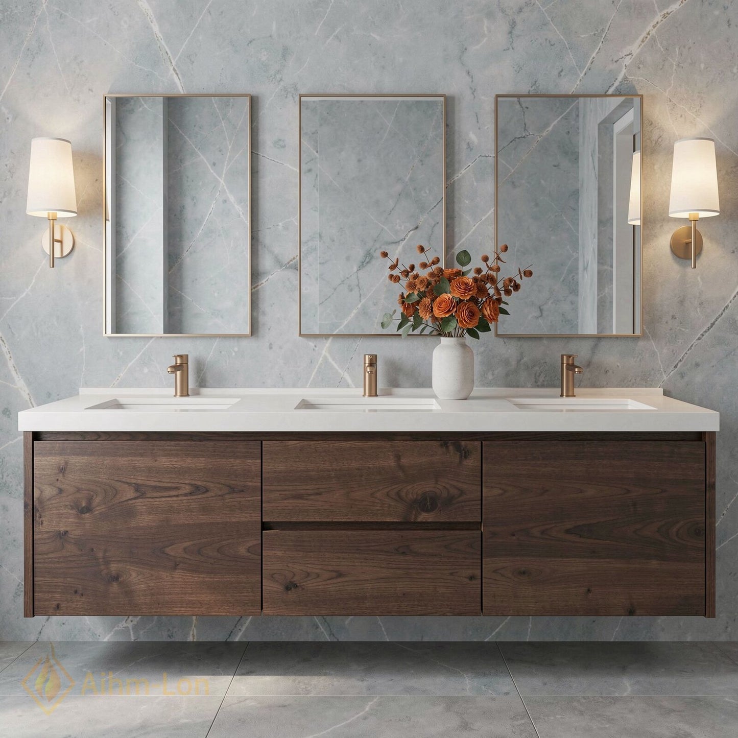 78''-96'' Modern Bathroom Vanity with Sink Wood Marble Drawers Spacious Mirror Cabinet