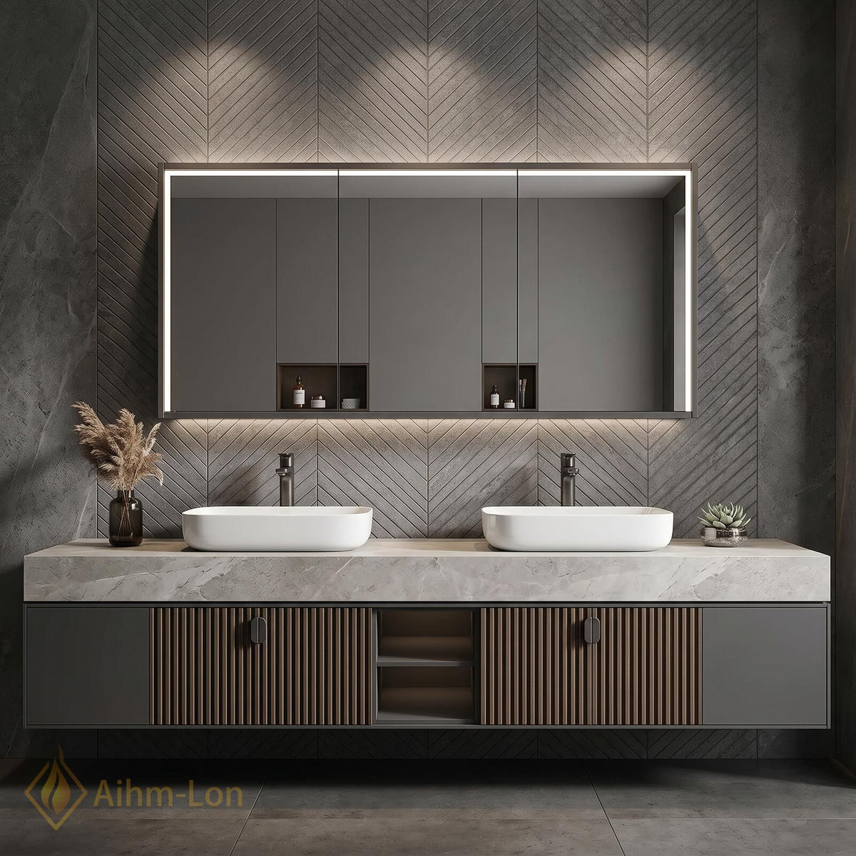 60''-96'' Double Bathroom Vanity with Sink Floating Vanity Open Shelving Slat Paneled