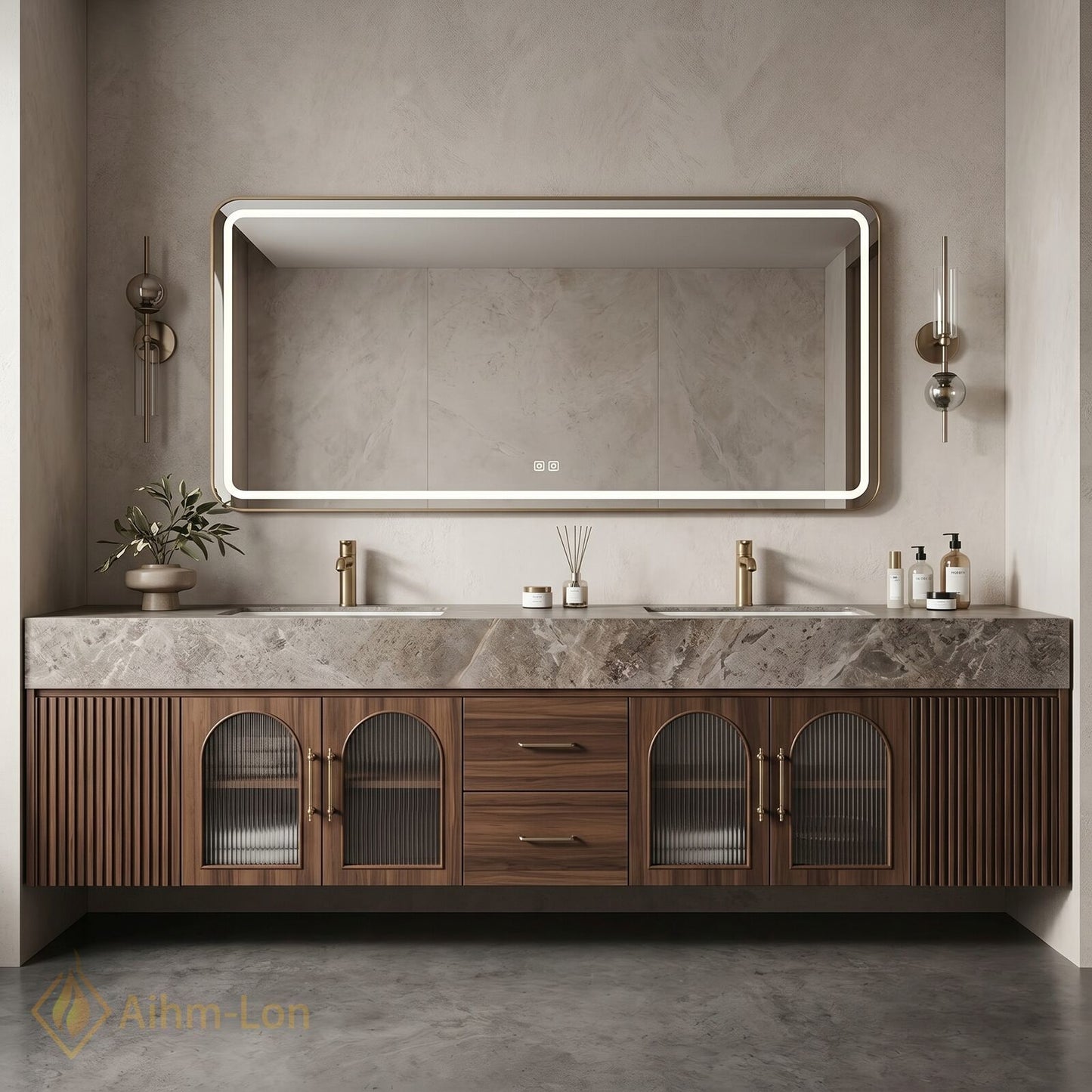 76''-96'' Double Bathroom Vanity with Sink Arched Ribbed Glass Doors Rich Wood