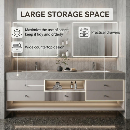 60''-96'' Modern Bathroom Vanity with Sink Double Sink Grey Stone Slatted Divider Mirror Cabinet