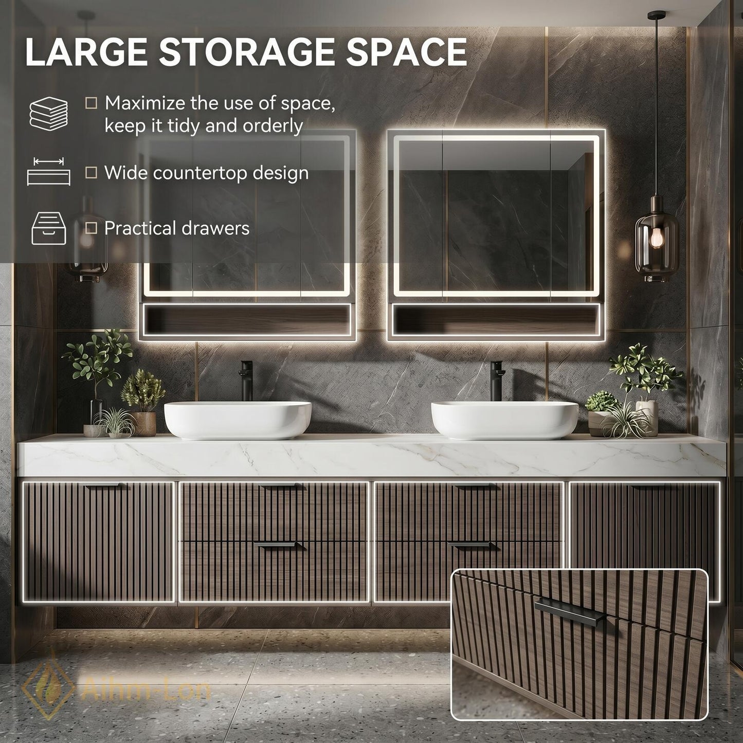 72''-96'' Double Bathroom Vanity with Sink Dark-Wood Modern Slatted Open Drawer