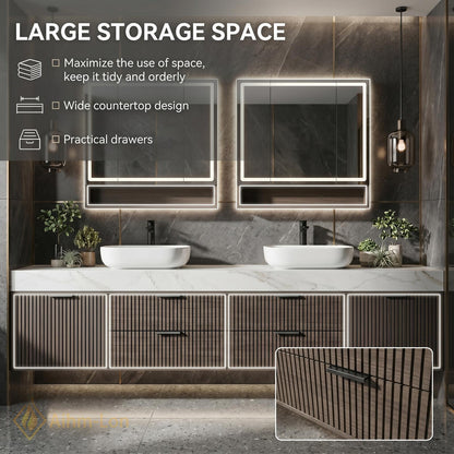 72''-96'' Double Bathroom Vanity with Sink Dark-Wood Modern Slatted Open Drawer