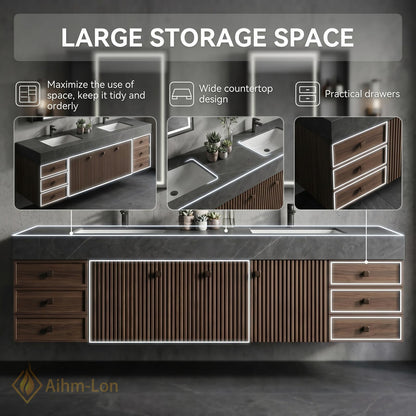 60''-96'' Double Bathroom Vanity with Sink Oak Finish Stone Countertop Storage