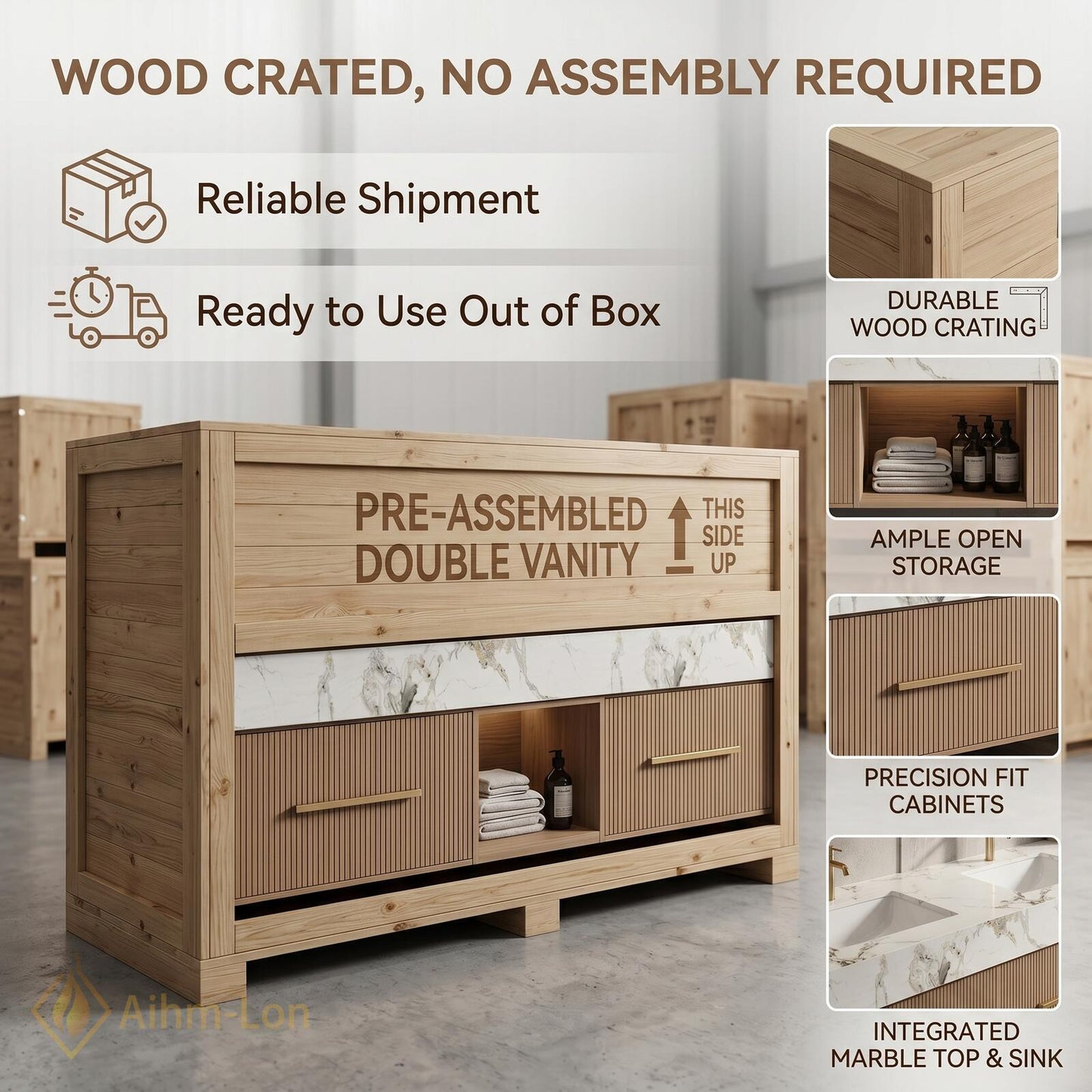 60''-96'' Double Bathroom Vanity with Sink Wood Modern Floating Open Panel Shelving