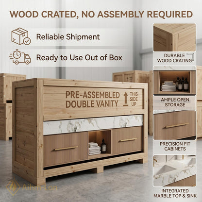 60''-96'' Double Bathroom Vanity with Sink Wood Modern Floating Open Panel Shelving