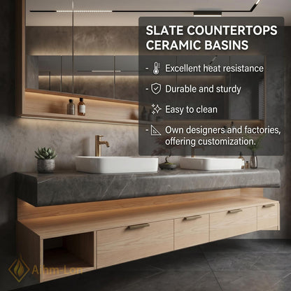 70''-96'' Double Bathroom Vanity with Sink Modern Floating Open Shelving Light Oak