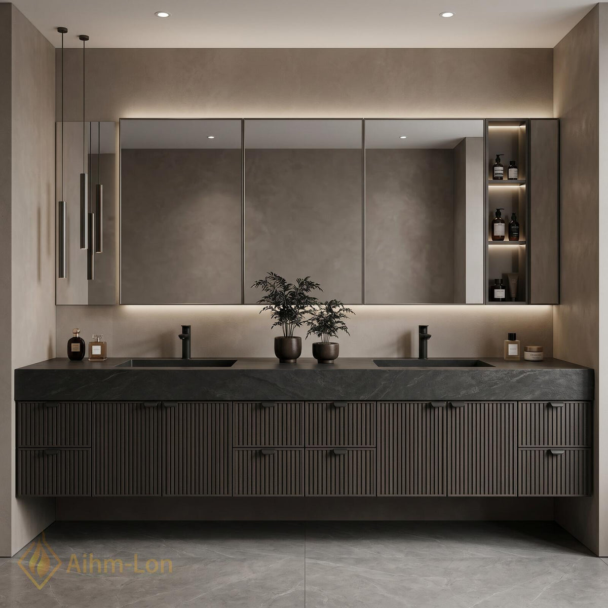 76''-96'' Double Bathroom Vanity with Sink Floating Vanity Stone Textured Top Setup