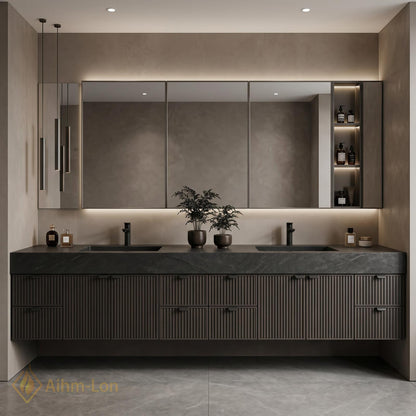 76''-96'' Double Bathroom Vanity with Sink Floating Vanity Stone Textured Top Setup