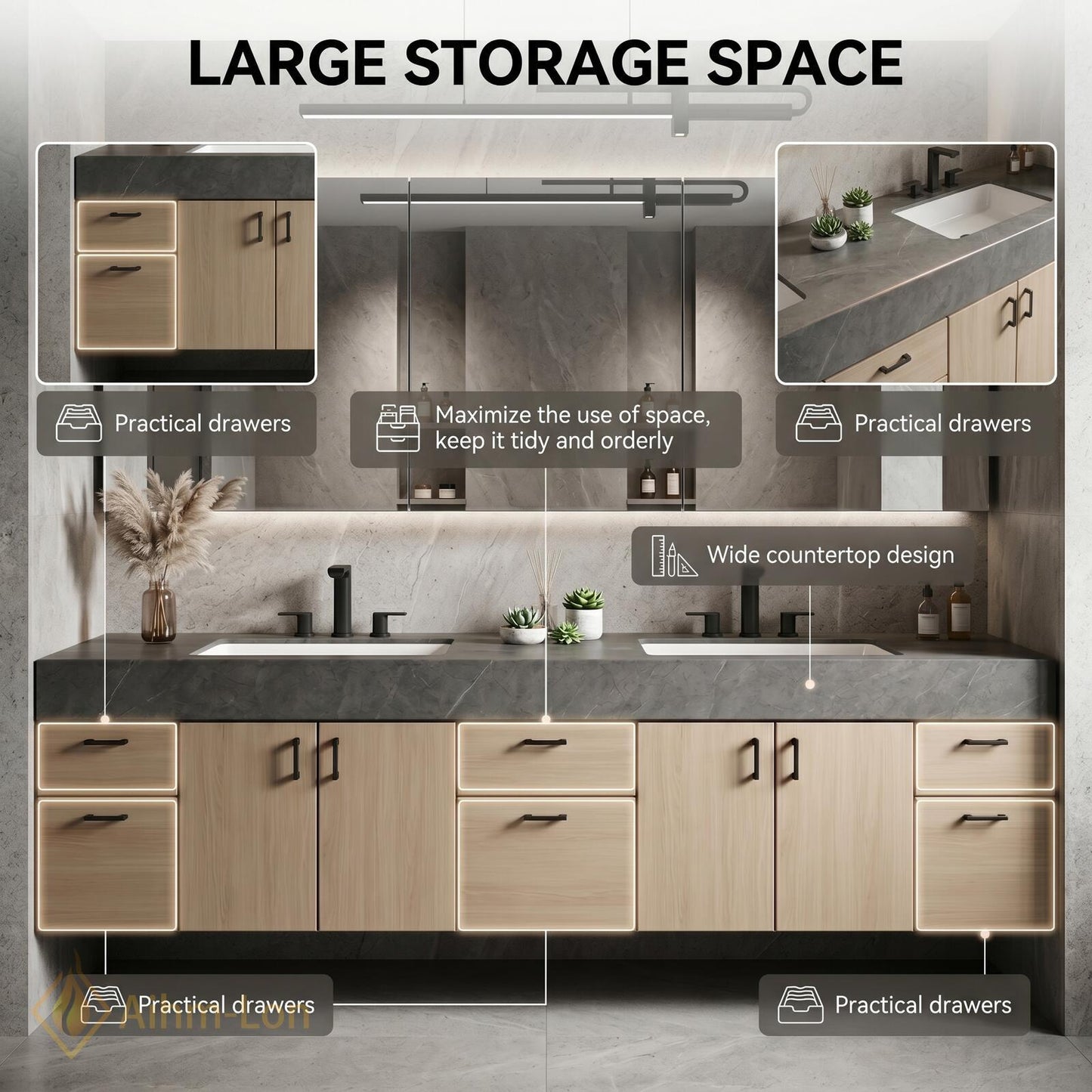 70''-96'' Double Bathroom Vanity with Sink Elegant Floating Charcoal Quartz Top Grain