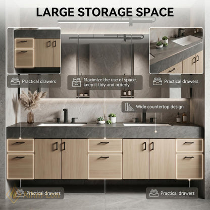 70''-96'' Double Bathroom Vanity with Sink Elegant Floating Charcoal Quartz Top Grain