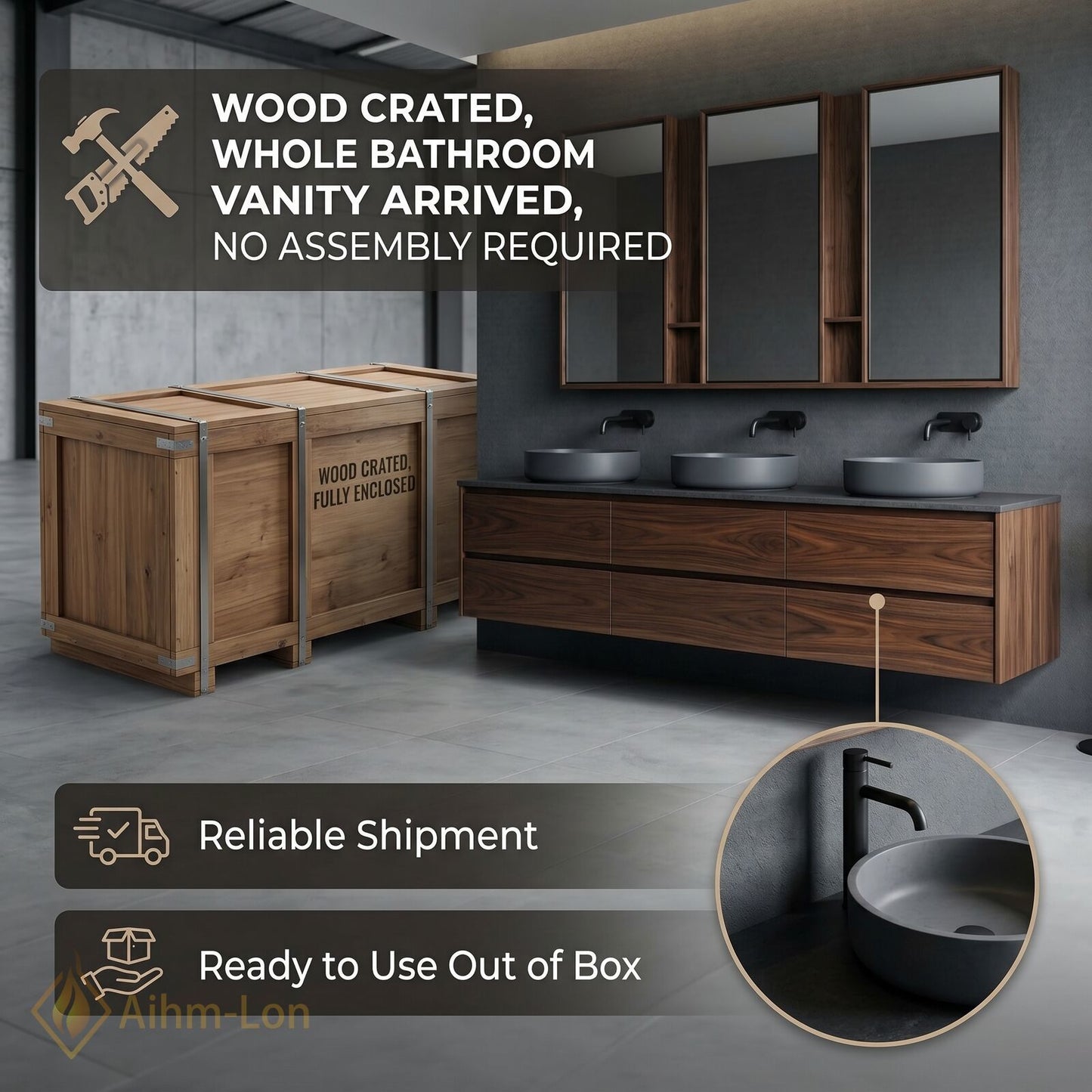 78''-96'' Modern Bathroom Vanity with Sink Triple Dark Walnut Grey Open Shelving Drawers