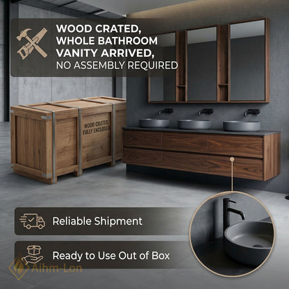 78''-96'' Modern Bathroom Vanity with Sink Triple Dark Walnut Grey Open Shelving Drawers