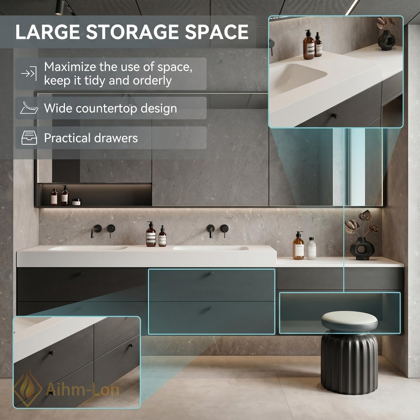 60''-96'' Bathroom Vanity with Sink Sleek Low-Profile Floating Dark Grey Textured Finish