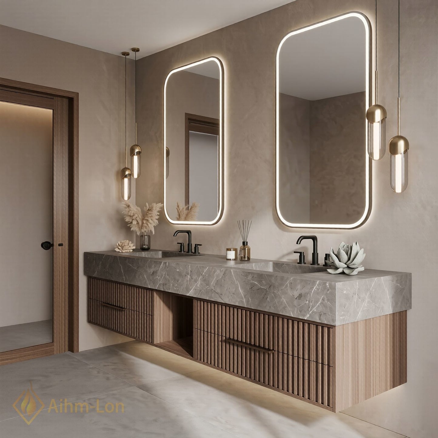 60''-96'' Double Bathroom Vanity with Sink Slate Grey Stone Top Fluted Wood