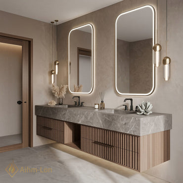 60''-96'' Double Bathroom Vanity with Sink Slate Grey Stone Top Fluted Wood