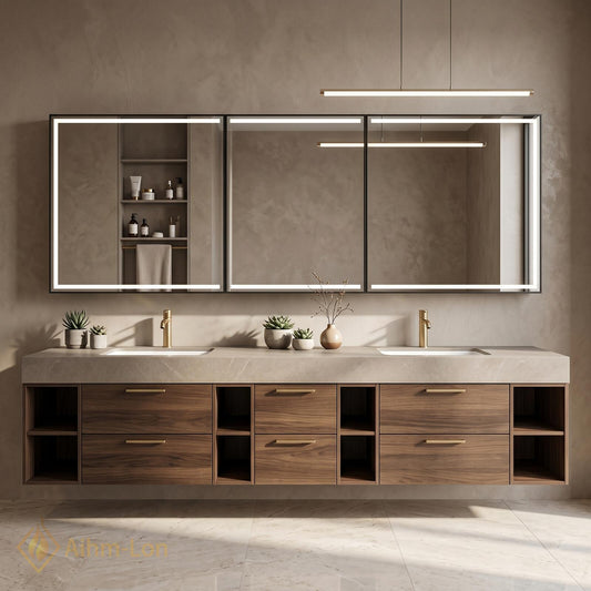 72''-96'' Double Bathroom Vanity with Sink Modern Floating Open Shelving Spacious
