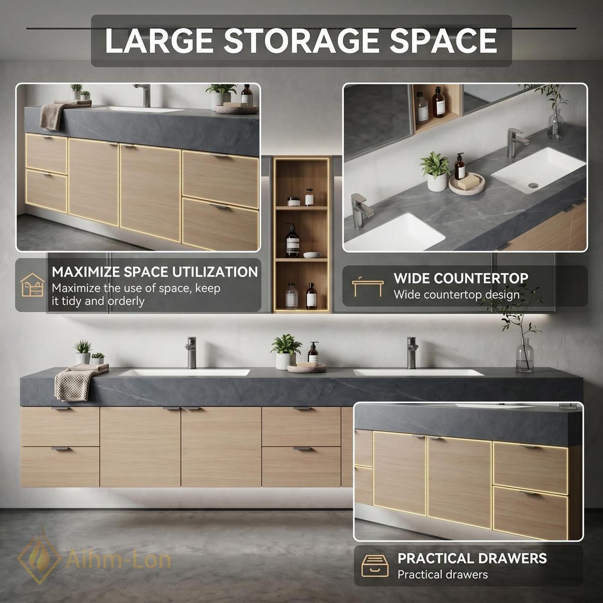 60''-96'' Double Bathroom Vanity with Sink Floating Oak Finish Slatted Open Shelving