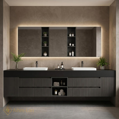 60''-96'' Modern Double Bathroom Vanity with Sink Floating Dark Matte Vertical Slats