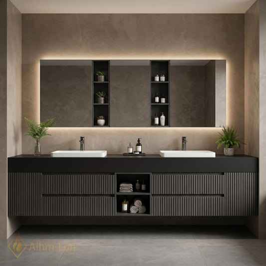 60''-96'' Modern Double Bathroom Vanity with Sink Floating Dark Matte Vertical Slats