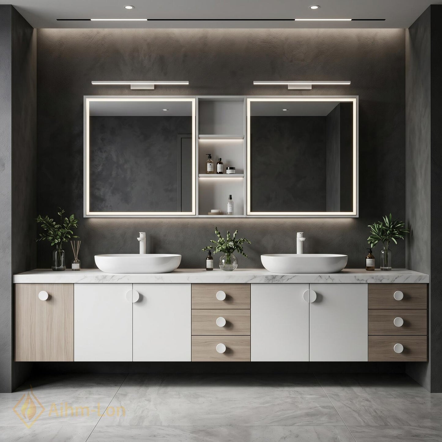 70''-96'' Modern Double Bathroom Vanity with Sink White Marble-Look Center Drawer Cabinet