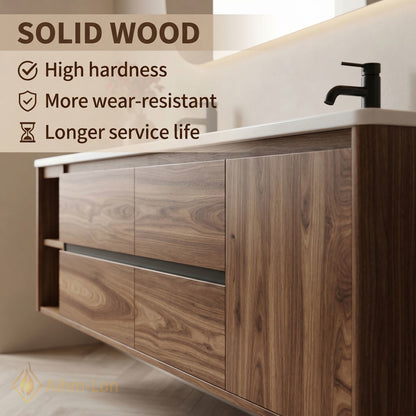 70''-96'' Modern Bathroom Vanity with Sink Floating Walnut Marble Open Side Shelves