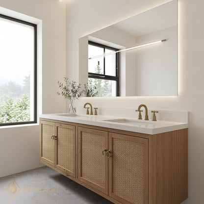 60''-96'' Floating Bathroom Vanity with Sink Double Sink Natural Oak Rattan Doors Mirror