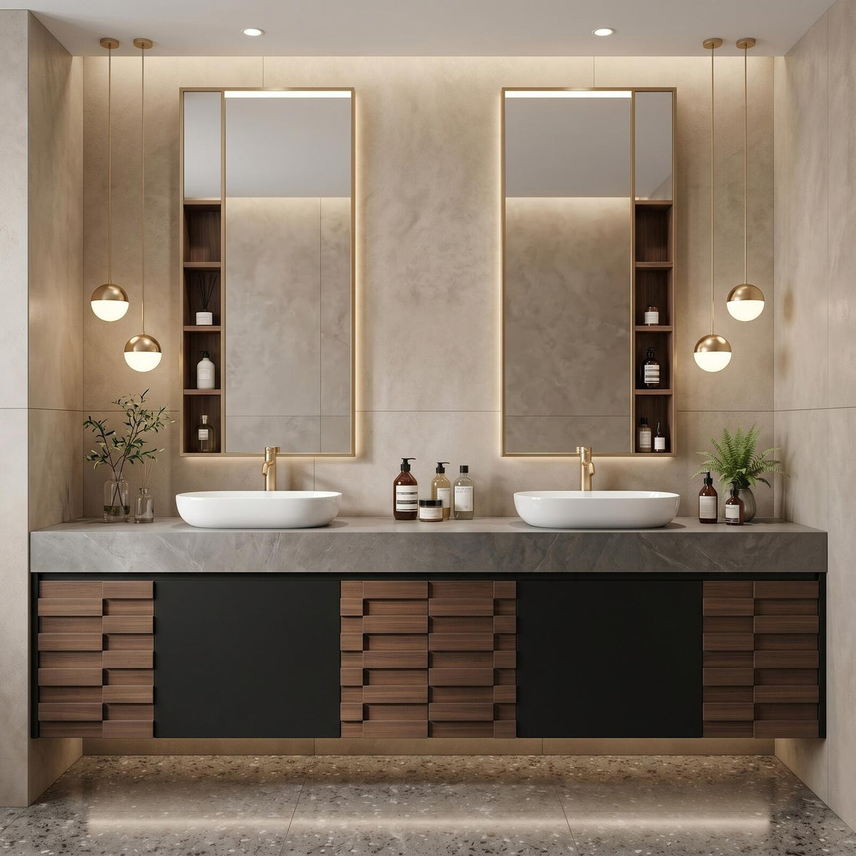 60''-96'' Double Bathroom Vanity with Sink Modern Floating Geometric Drawer Solid Wood Grain