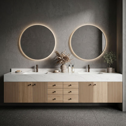 78''-96'' Modern Bathroom Vanity with Sink Double Sink Vertical Slatted Wood Grain Cabinet