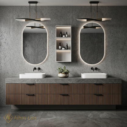 60''-96'' Double Bathroom Vanity with Sink Modern Open-Shelving Vertical Slat Paneling Dark