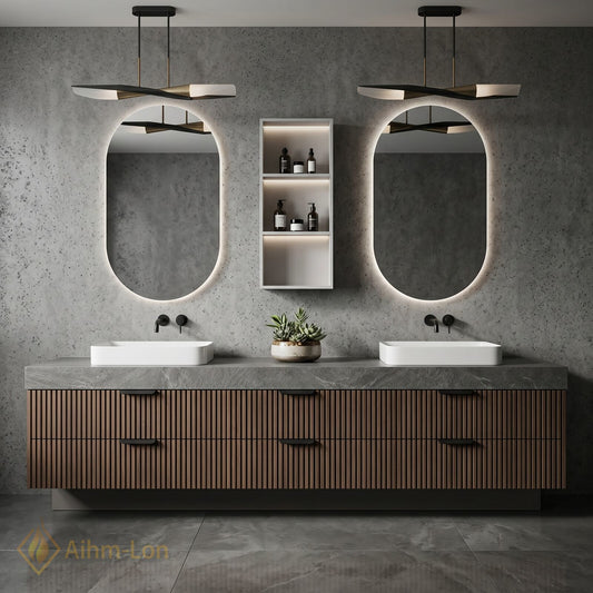 60''-96'' Double Bathroom Vanity with Sink Modern Open-Shelving Vertical Slat Paneling Dark