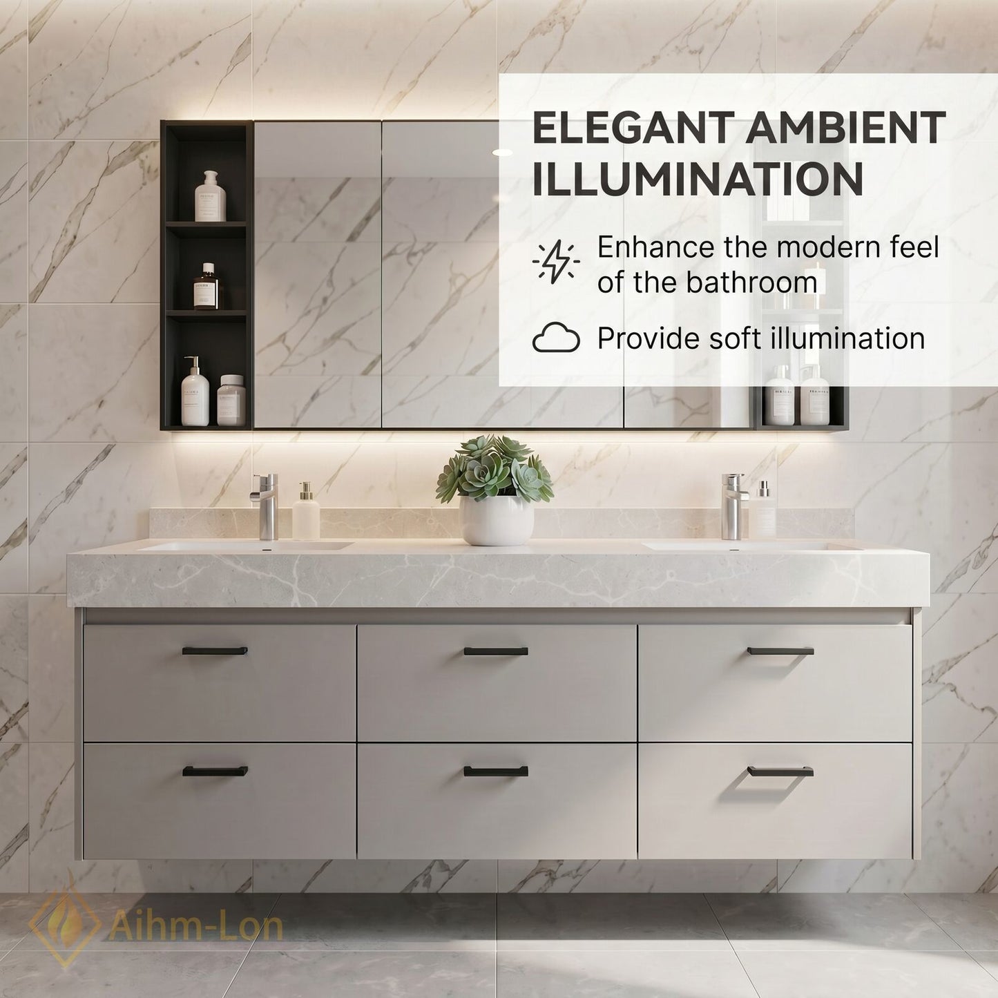 60''-96'' Modern Bathroom Vanity with Sink Thick Marble Floating Drawers Mirror Cabinet