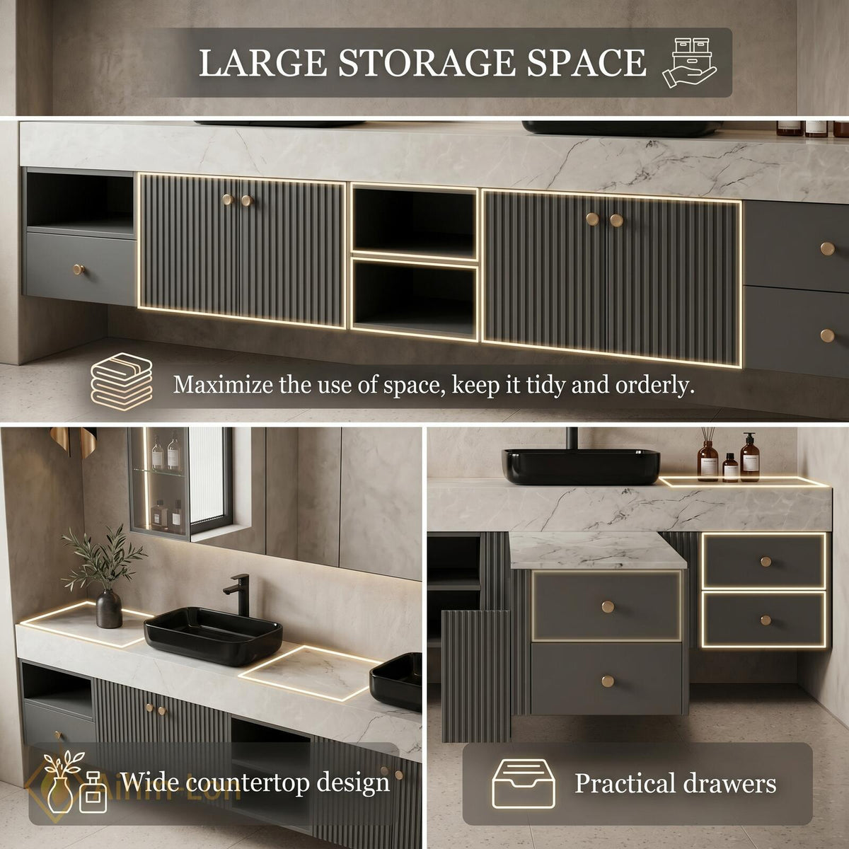 60''-96'' Double Bathroom Vanity with Sink Dark Gray Slatted Doors Marble-Effect Top