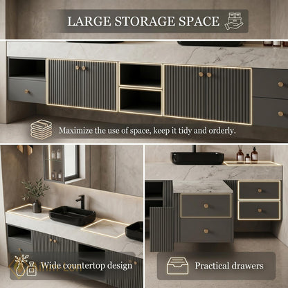 60''-96'' Double Bathroom Vanity with Sink Dark Gray Slatted Doors Marble-Effect Top