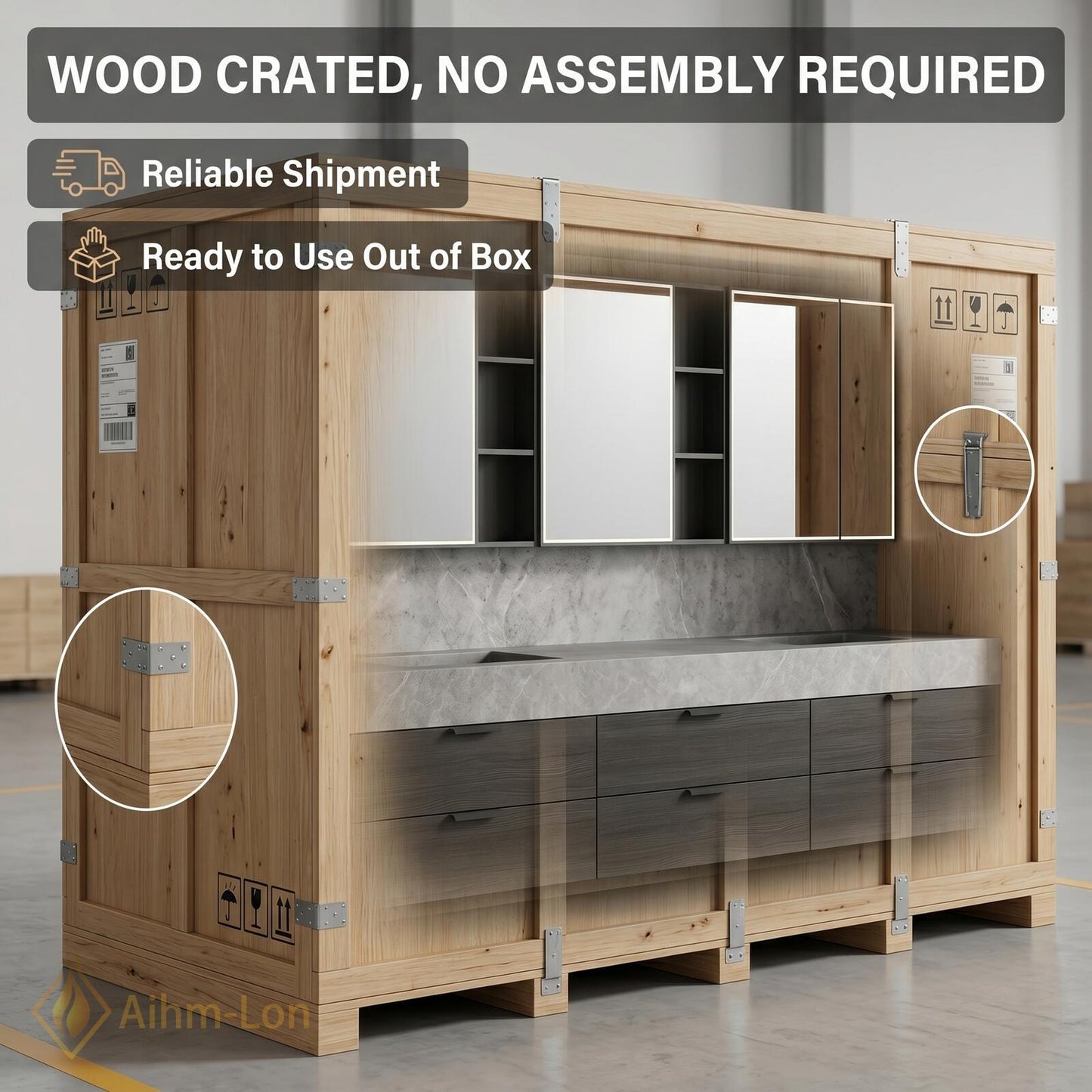 60''-96'' Modern Double Bathroom Vanity with Sink Floating Dark Stone-Grain Deep Drawer