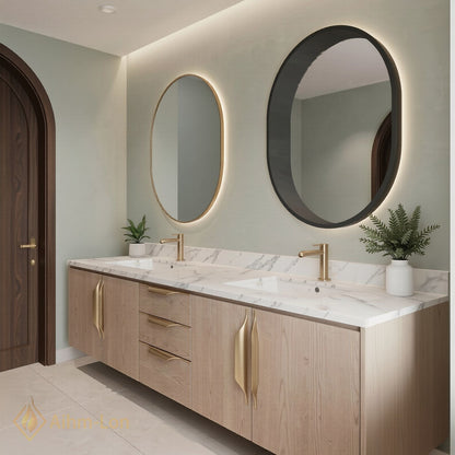 60''-96'' Floating Bathroom Vanity with Sink Dual Basin Marble-Effect Countertop Cabinet