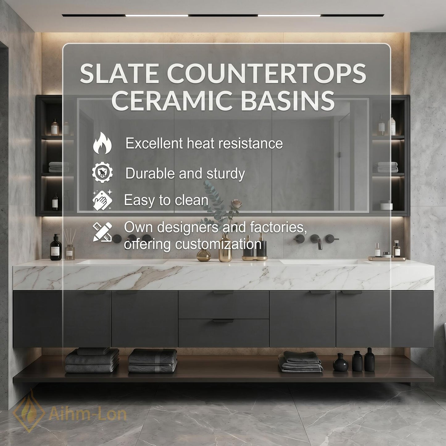 70''-96'' Double Bathroom Vanity with Sink Modern Floating Marble-Look Shelf Large Base