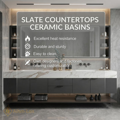 70''-96'' Double Bathroom Vanity with Sink Modern Floating Marble-Look Shelf Large Base