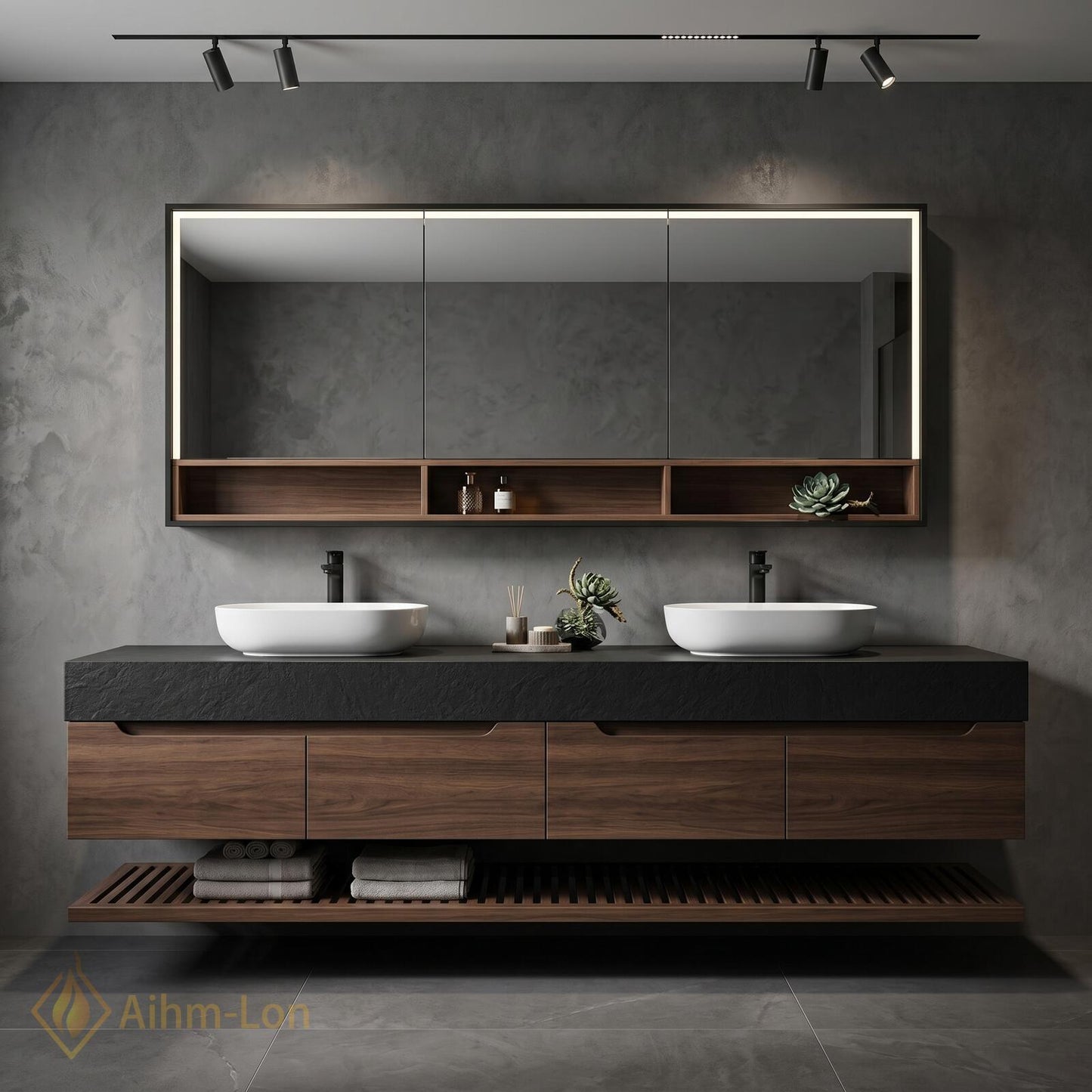60''-96'' Double Bathroom Vanity with Sink Dark-Walnut Modern Floating Slatted Base