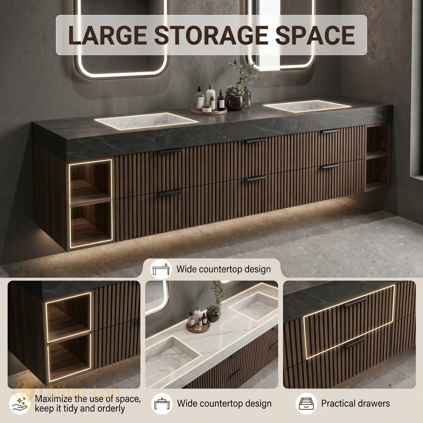 78''-96'' Double Bathroom Vanity with Sink White-Marble White Floating Modern Slatted Style