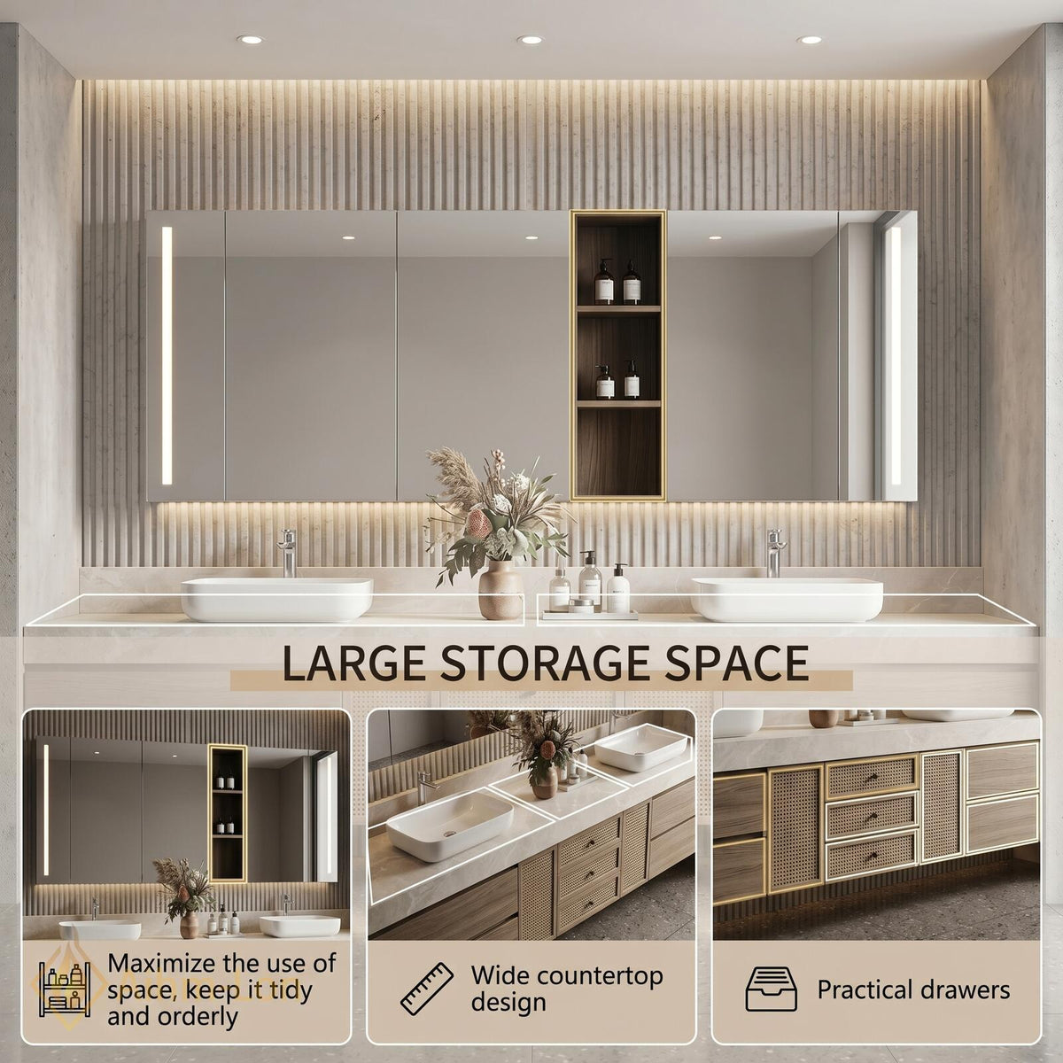 76''-96'' Double Bathroom Vanity with Sink Warm Oak Grain Rattan Drawer Pulls