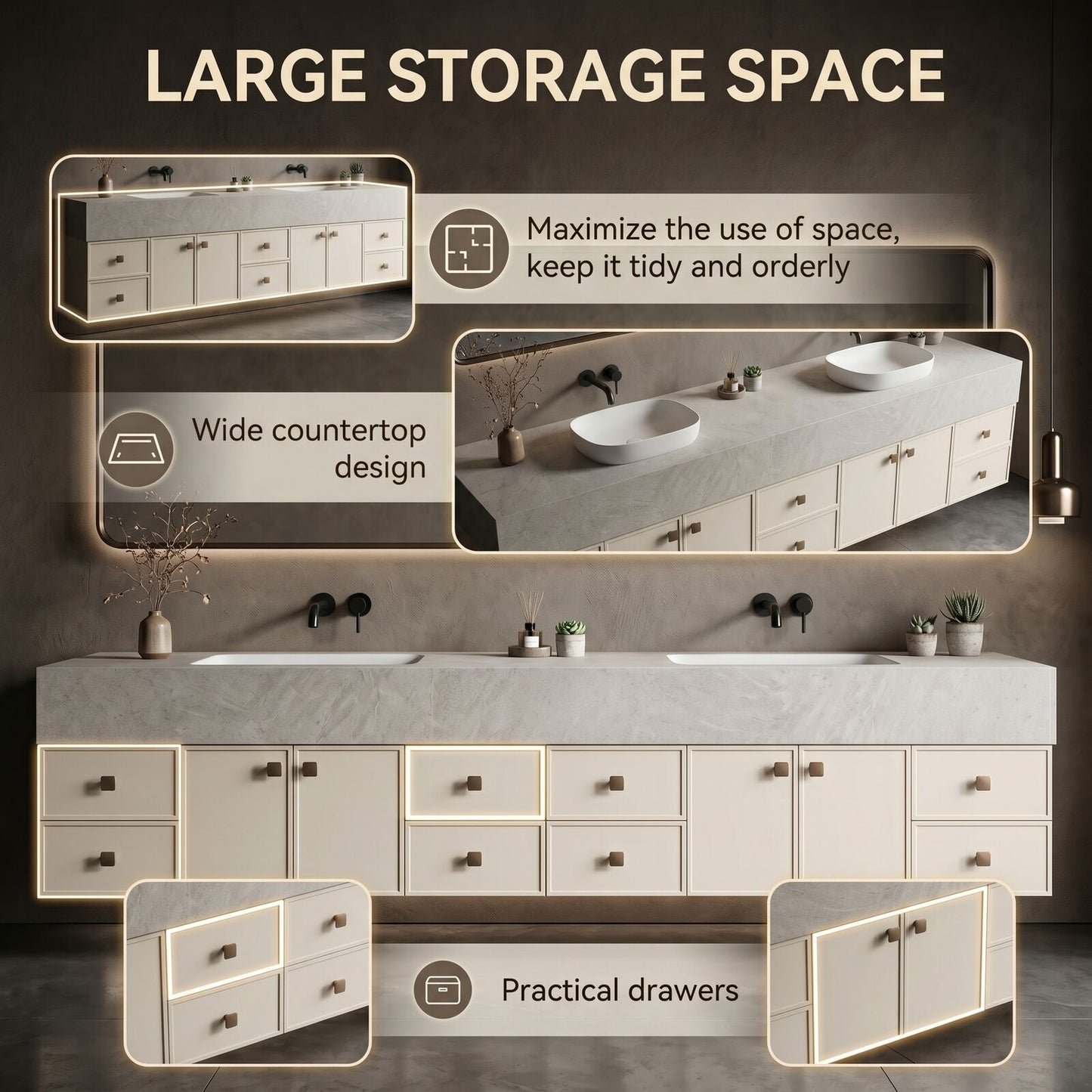 78''-96'' Floating Bathroom Vanity with Sink Stone-Like Top Wide Storage Open Drawers Cabinet